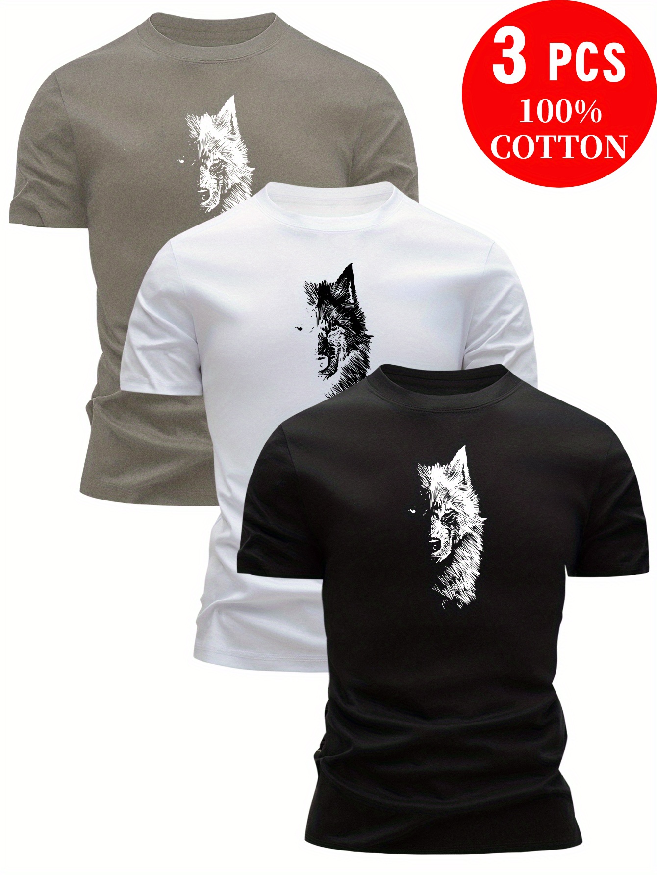 3pcs mens 100 cotton graphic t shirts with wolf design   fit short sleeve round neck summer tees in red white black breathable casual wear t shirts graphic everyday   quality casualwear streetwear basics minimalist style durable stitching   young adults