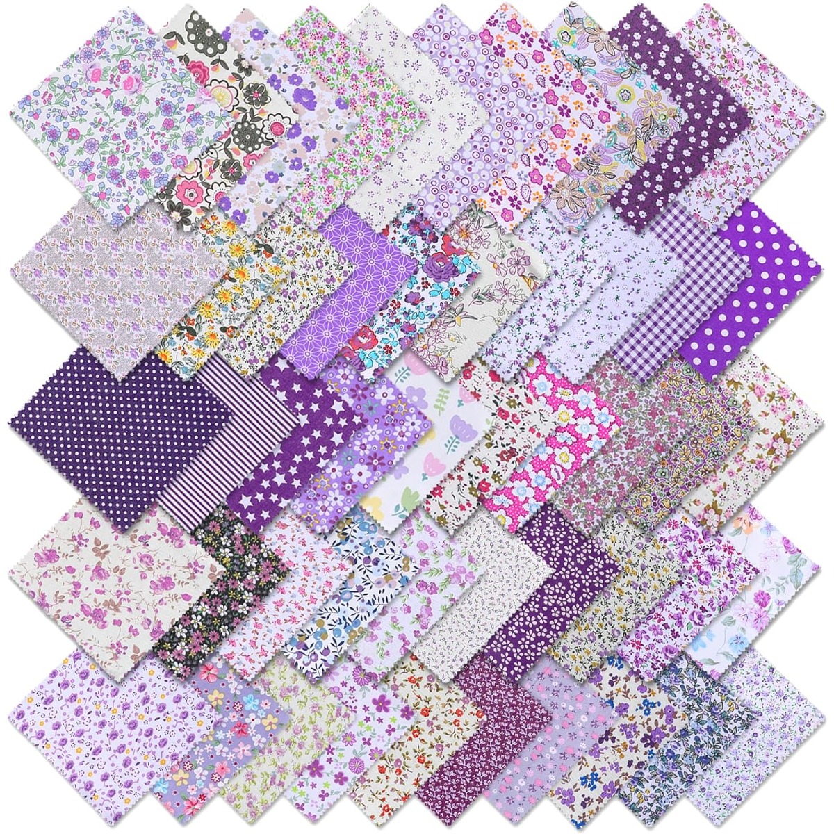 TEMU 50pcs Purple Charm Pack Fabric, 5 Inch Pre Cut Floral Fabric Squares For Quilting Sewing Quilt Bags Diy Crafts Home Decor Making Supplies Layer