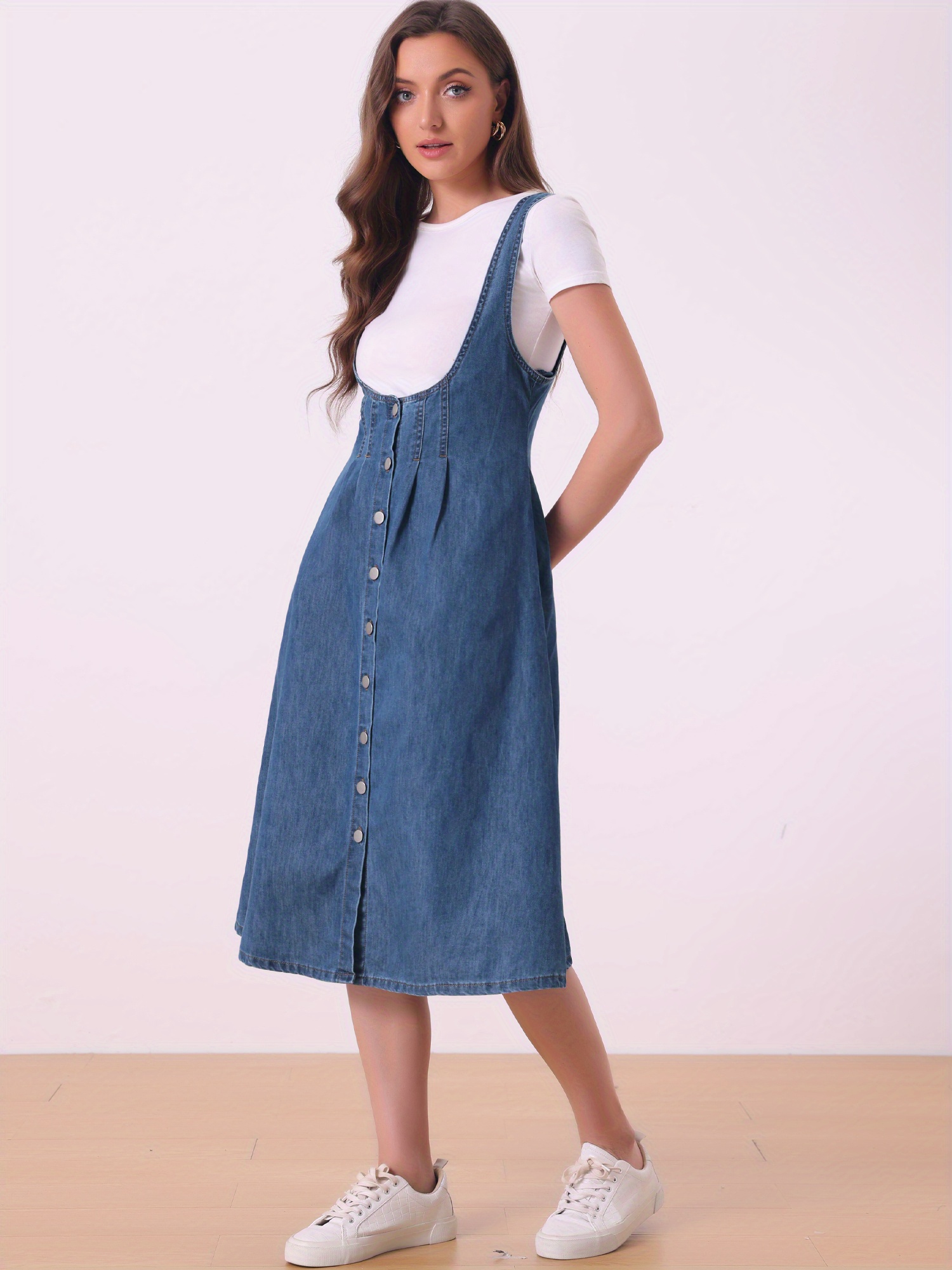 Suspender Dress for Women'S Button Front Classic U Neck Overall Denim Midi  Dress with Pockets