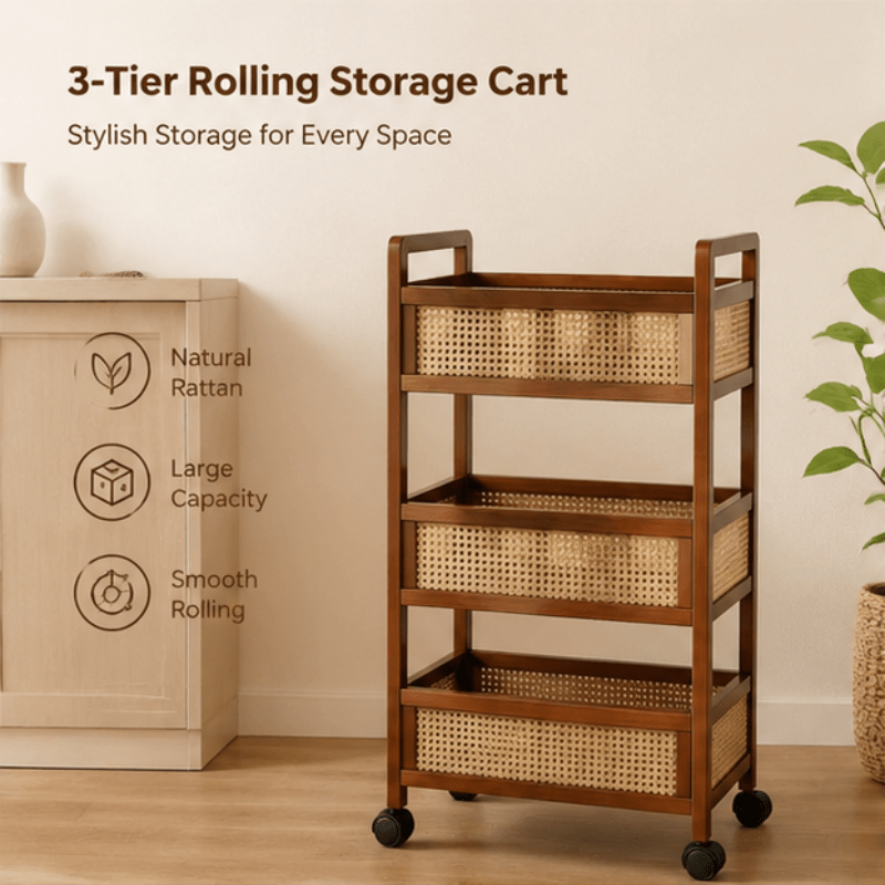 TEMU Bamboo 3-layer Rolling Storage Cart, Mesh Woven Cart With Lockable Wheels, Lightweight Space-saving Organizer For Storage, Craft Work Areas,