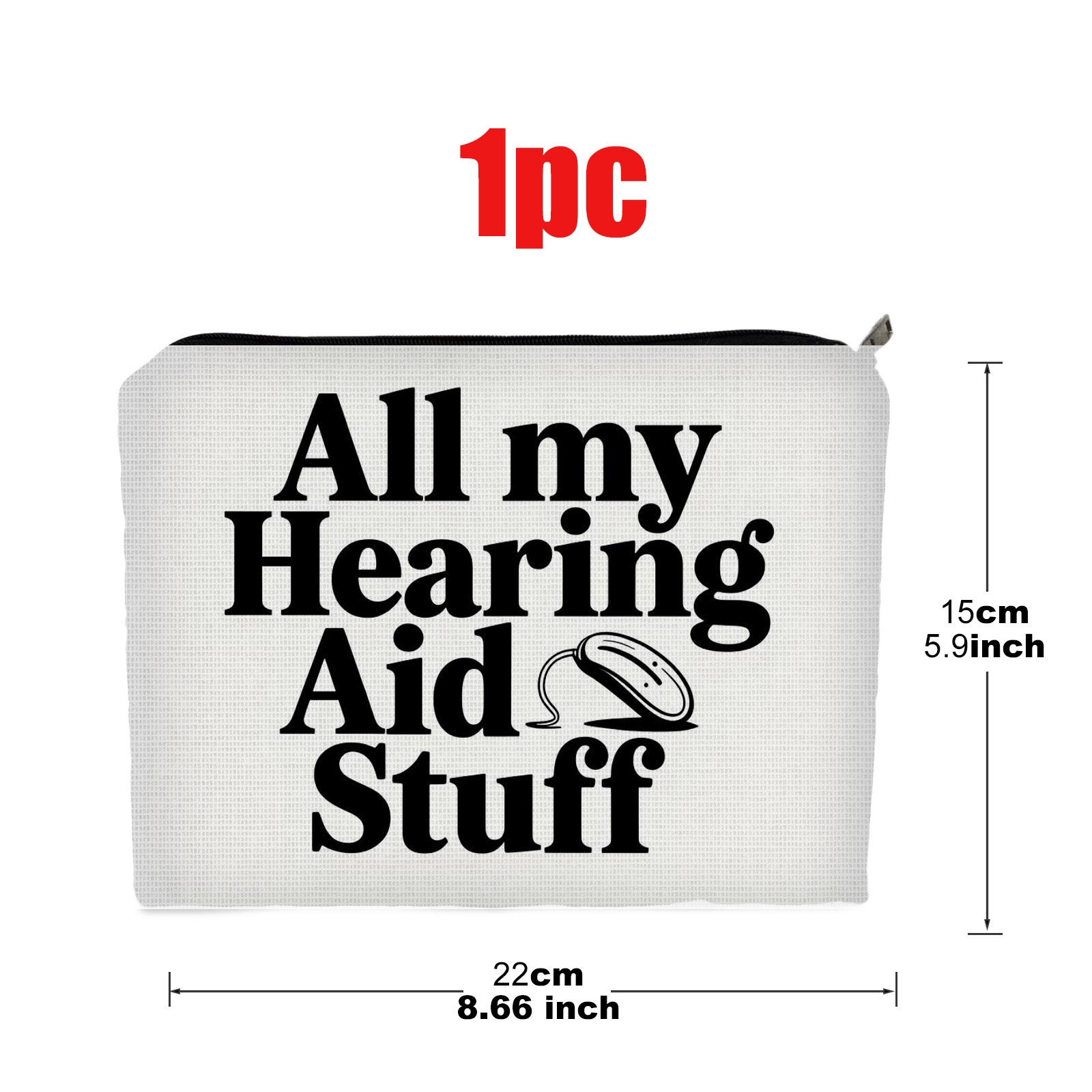 TEMU 1pc Double-end Cosmetic Bag, Size 5.9in*8.66in, Polyester Material, For Storing Hearing Aid Supplies, With Black Text & Hearing Aid Graphic