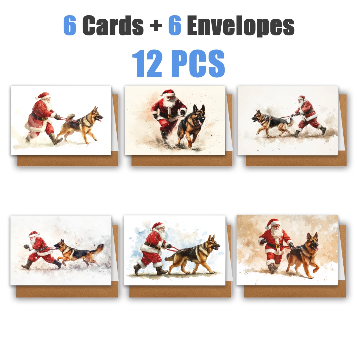TEMU 1 Set/12pcs Christmas Santa Claus German Shepherd Greeting Cards | Includes Envelope, Blessing Cards | Birthdays, Celebrations, And Thank You