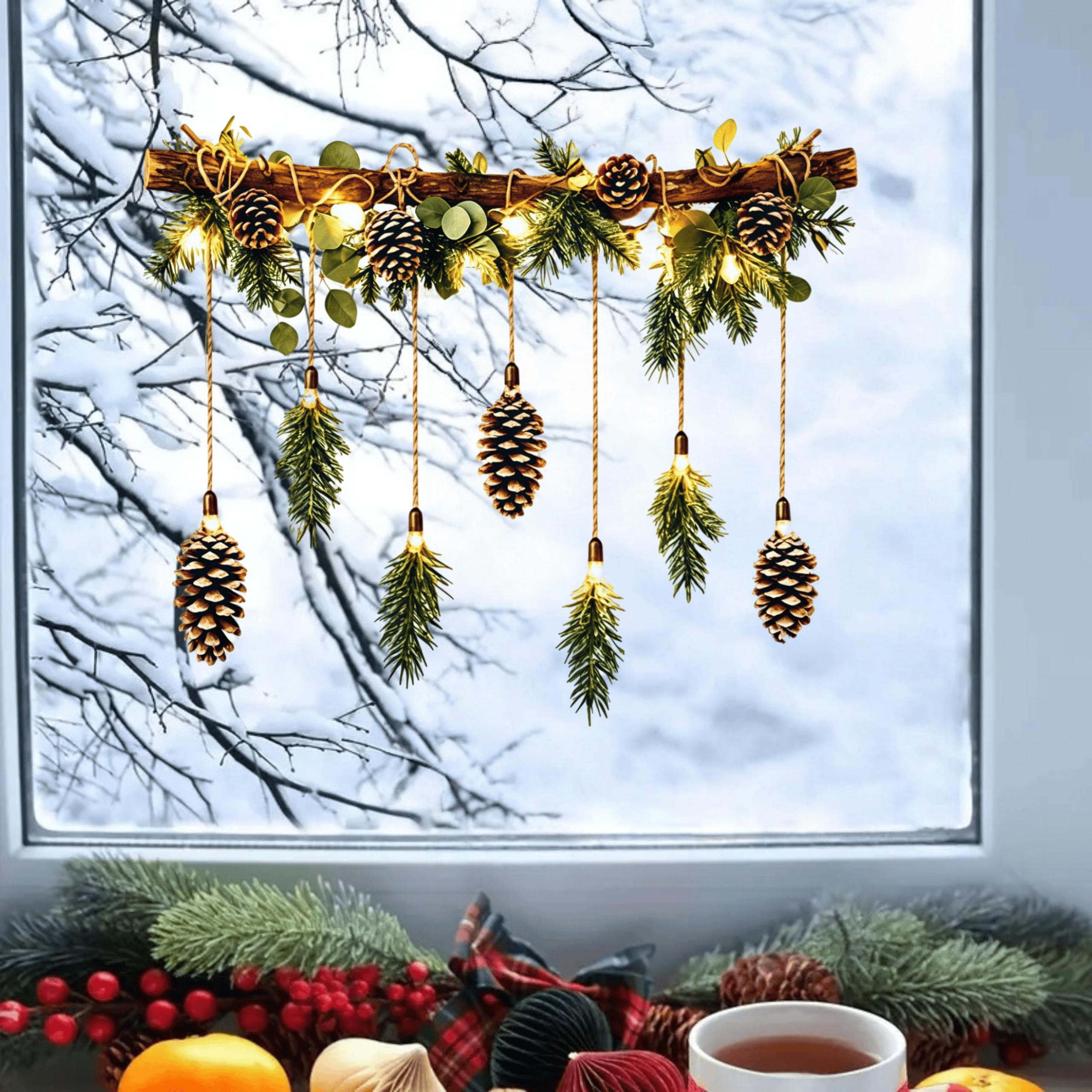 TEMU Raamstickers 1 stuks 2D plat gedrukt hangende pijnappels en takken Kerst raamstickers, realistisch takkenhanger ontwerp met gouden sneeuwvlok