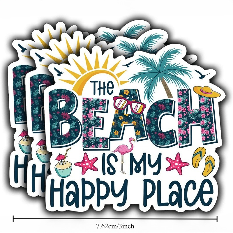 TEMU The Beach Is Sticker - Trees Waves Vinyl Decal - Laptop Decal Notebook Planner Water Bottle Phone Car Mug Decor - Stickers For Students And