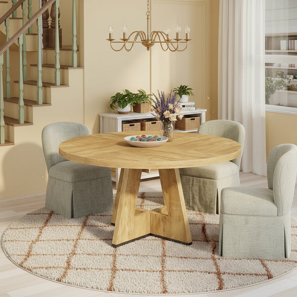 47" Round Dining Table, Farmhouse Wooden Kitchen Table With Cross Base, Light Wood End (table 1pc)