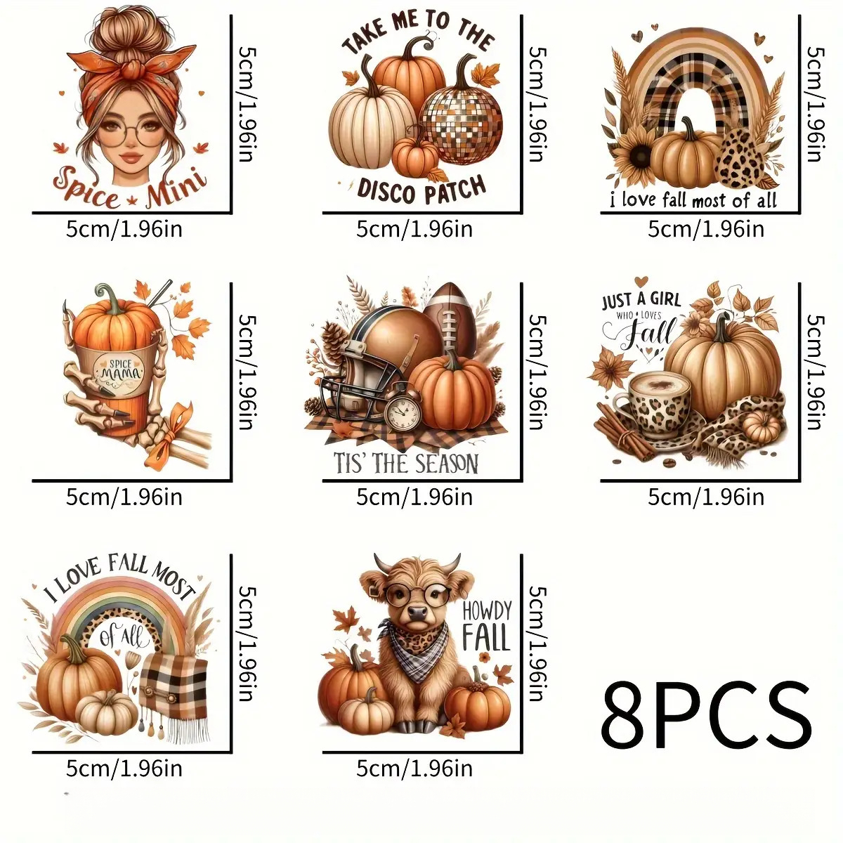TEMU 2d Flat Effect 8pcs Autumn Themed Pumpkin Pattern Dtf Transfer Paper | Suitable For Decorating Mugs, Bottles, Coffee Cups, Glassware, Etc., And