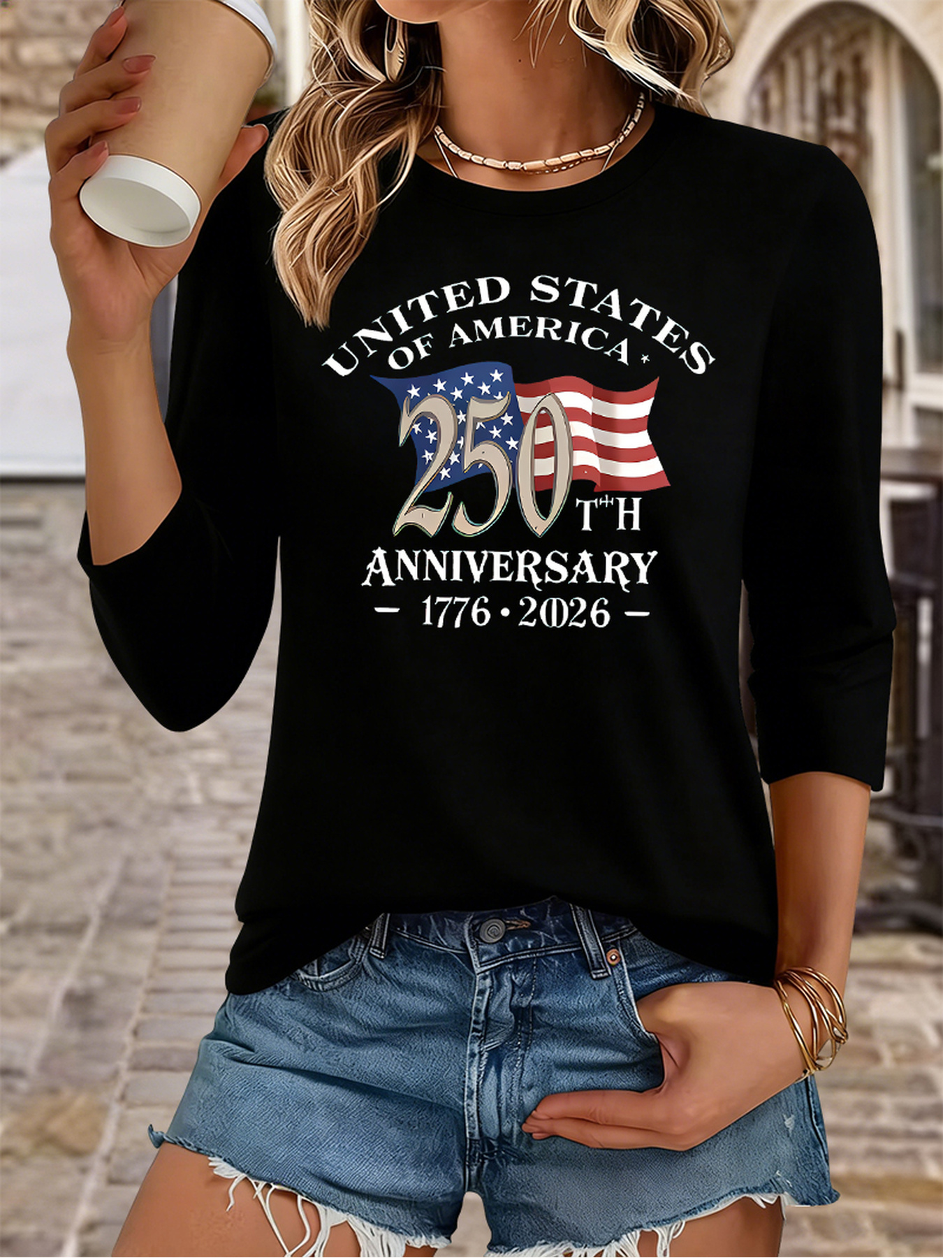 womens usa 250th anniversary t shirt 1776 2026 soft breathable 3 4 sleeve crew neck top with   american flag   relaxed fit suitable for   july celebrations year round wear