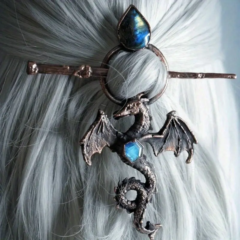 bohemian dragon hairpin ancient flying dragon   with dark blue inlay metallic accents updo bun ponytail clip for costume parties fantasy events casual attire gothic jewelry gift for women dragon decor costume party accessory intricate   Product details 1