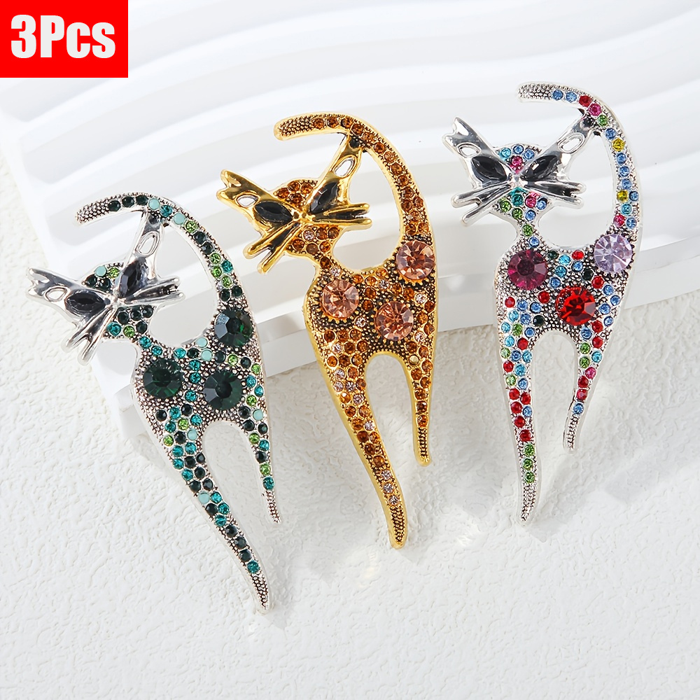 TEMU 3pcs/set Retro Cute Cat Brooches, Design With Sparkling Rhinestones, Trendy Creative Lapel Pin, Brooches For Women High Quality, Suitable For