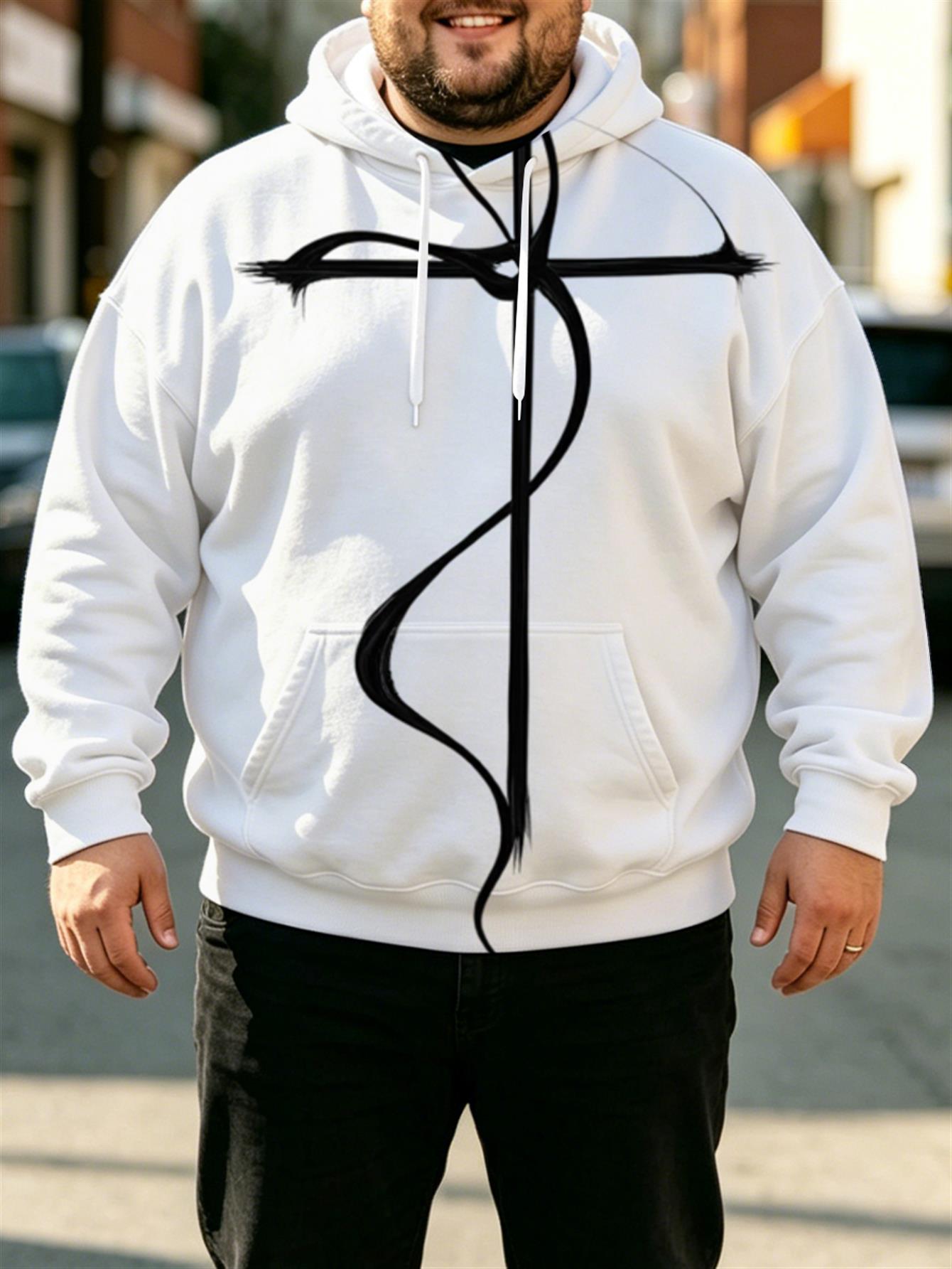 Men s Plus Size Thick Warm Fleece Hoodie with Minimalist   Cross Print & Abstract Geometric Calligraphy - Streetwear Hooded Sweatshirt, Machine Washable Suitable for Weather, Urban Style Winter Clothing, PLUS SIZE