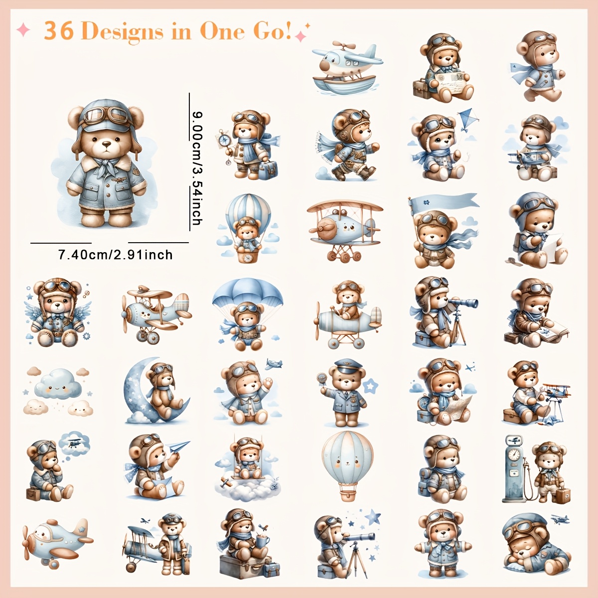 TEMU 36pcs Durable Heat Transfer Set, Cute Pilot Bear Transfer Stickers, Suitable For Clothing And Sewing Supplies