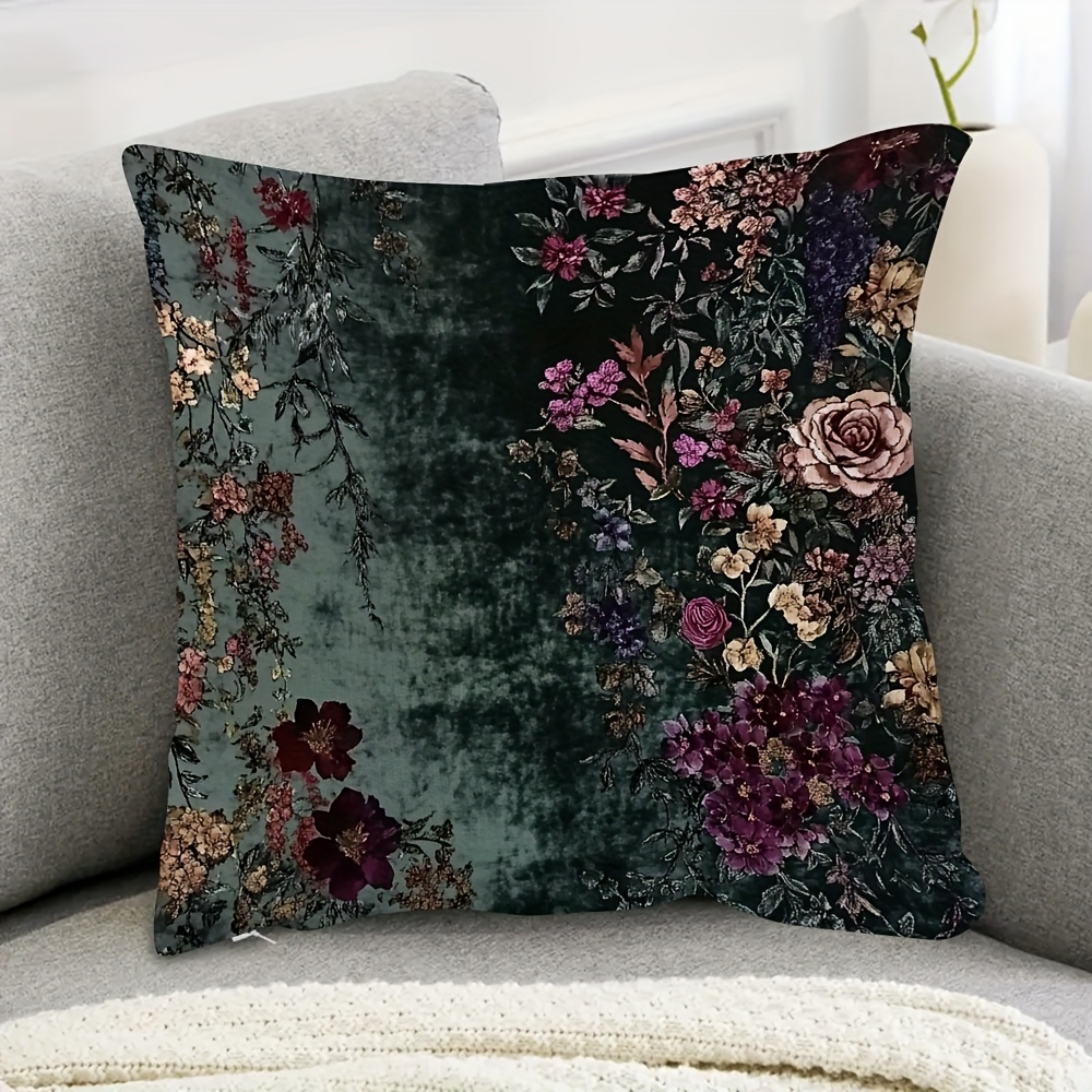 TEMU 1pc Housse de Coussin Châle Vintage à Motif Floral - Vert Foncé, Impression , Fermeture Éclair, Lavable en Machine, Idéale pour Canapé, Salon,