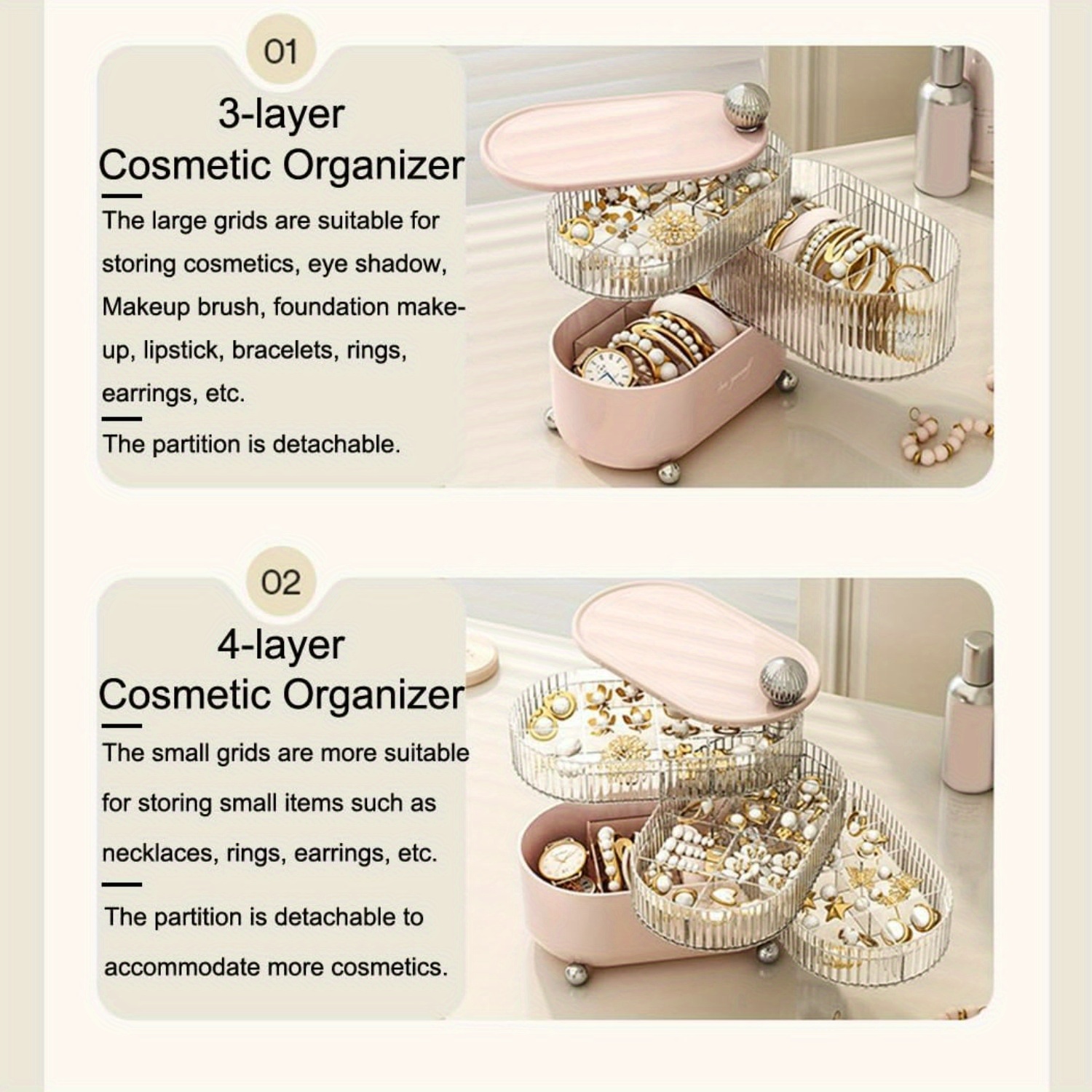   rotating makeup organizer countertop makeup storage organizer vanity desk cosmetic organizer large cosmetic storage box for lipsticks perfume jewelry rings earrings 4 layers Product details 3