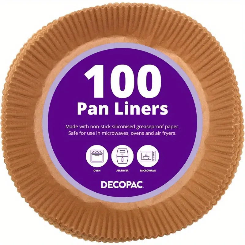 100-pack of round baking liners made from , greaseproof silicone paper, suitable for cakes and pies, as air fryer liners., used as covers, oven cups, roasting folds, meat, vegetable, and fruit preparation, paper pans for an ideal gift item., hanging cart application, baking trays. kitchen cooking, waterproof and disposable, vacuum trays. Product details 2