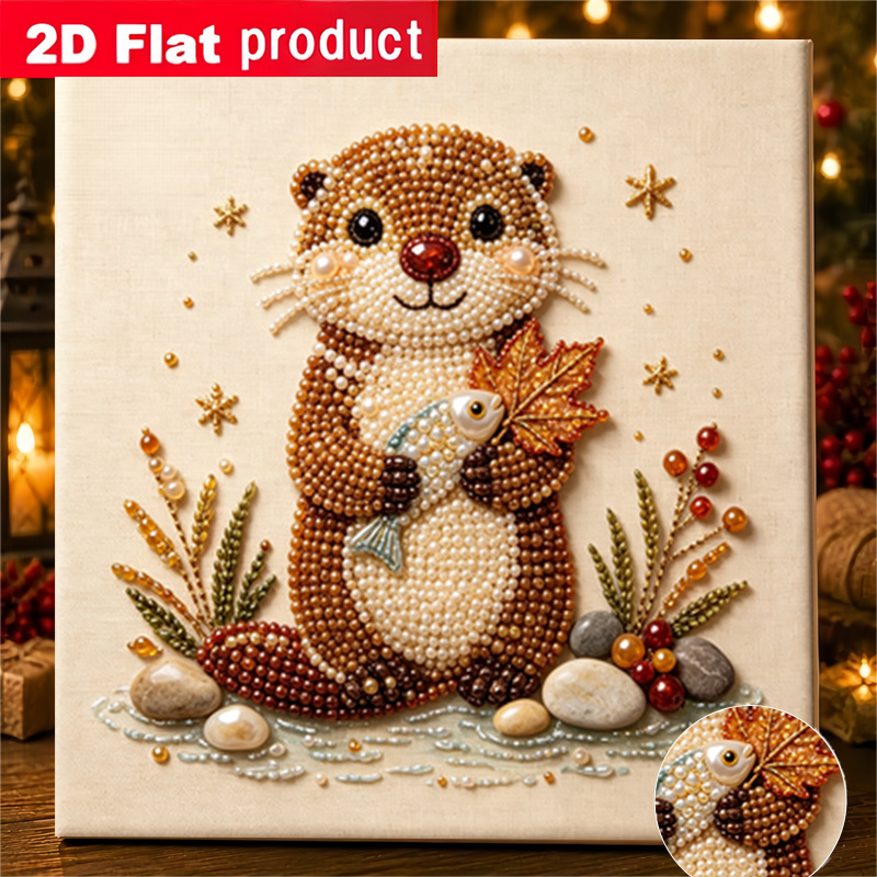 TEMU 2d/flat Printing Diamond Painting With Otter And Autumn Theme Handmade Glue Diamond Creative Diamond Painting Kit, With Tools And Pearl Diamond