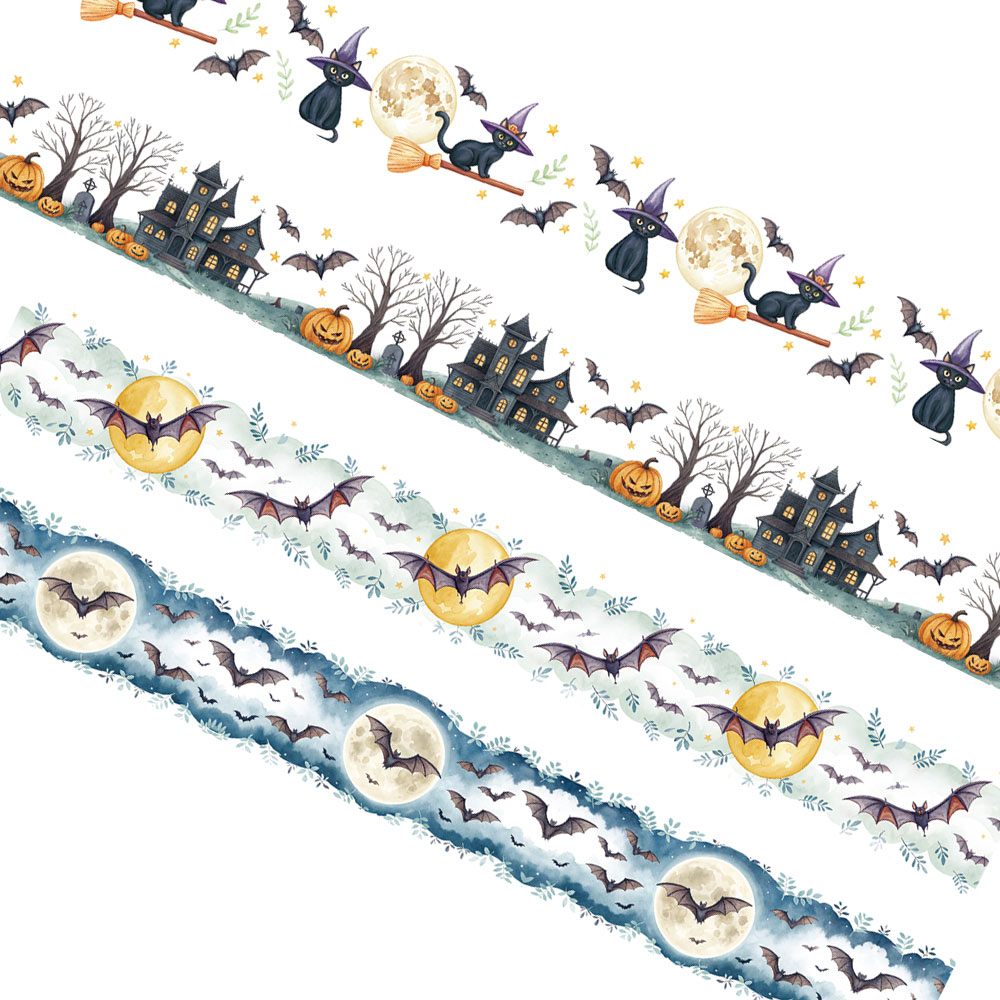 TEMU Lot de 4 de bricolage pour Halloween : sorcière, , hanté, ruban de journalisation à motif aquarelle citrouille, chauve-souris, et dentelle,