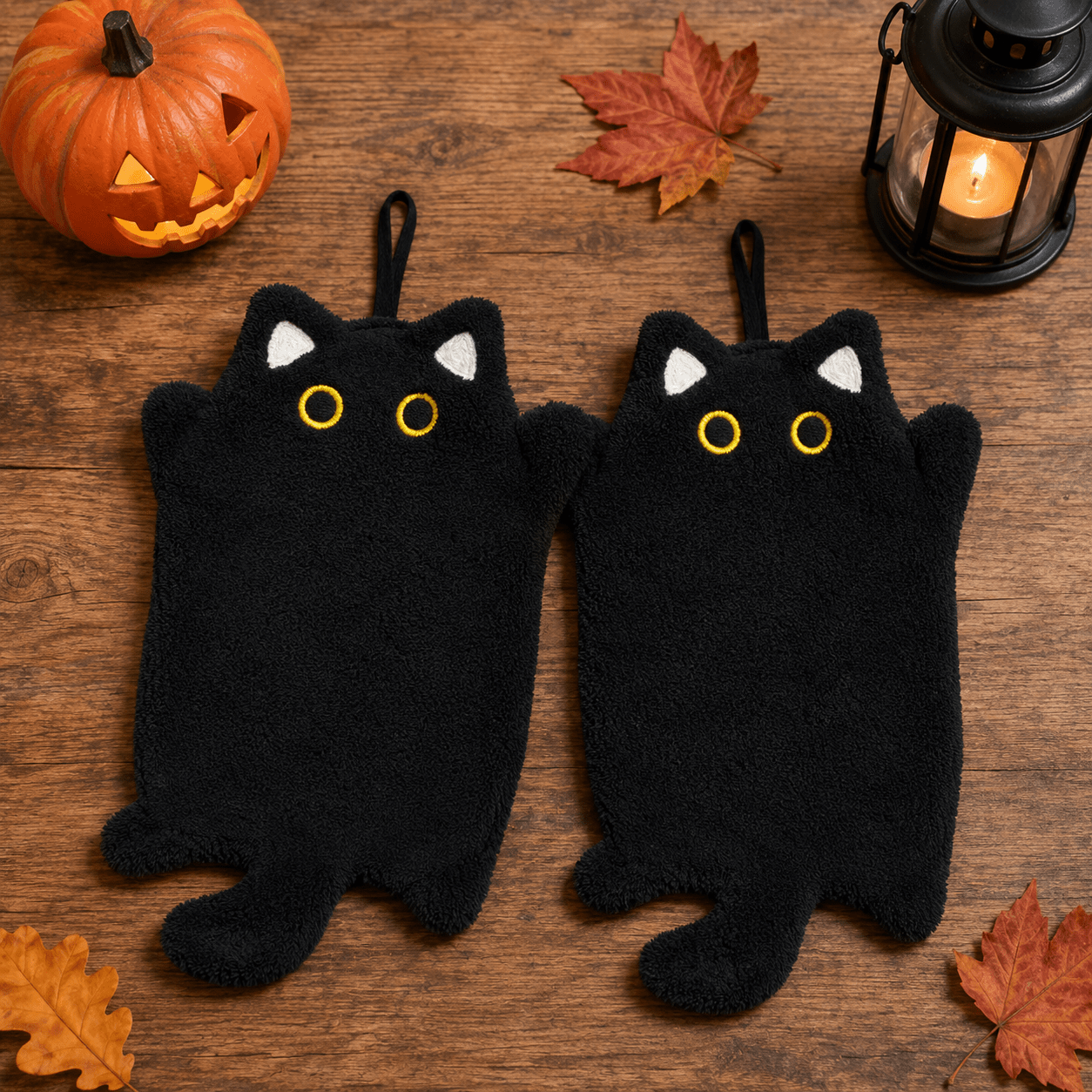TEMU Halloween Black Cat Shaped Hanging Hand Dish Towel Set Of 2, Halloween Black Cat Kitchen Hand Towel, Heat-insulating Mat, Coral Fleece Absorbent