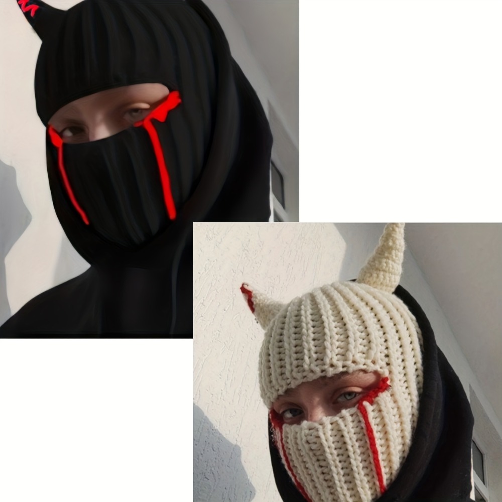 2pcs Men'S Funny Devil Horns Hat & Face Mask - Winter Warmth Headset with Expressive Eyes Cutouts, Soft Comfortable Party Costume Accessory for Halloween, Christmas, Themed Events - Multi-Color Options (Red/) - No Batteries/Electronics Required
