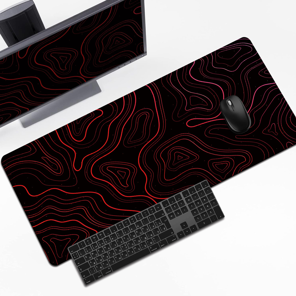 TEMU 1pc Extended Gaming Mouse Pad And Computer Desk Keyboard Mat - Red Irregular Curve Pattern - Study Desk Protector, Laptop Small Mouse Pad -