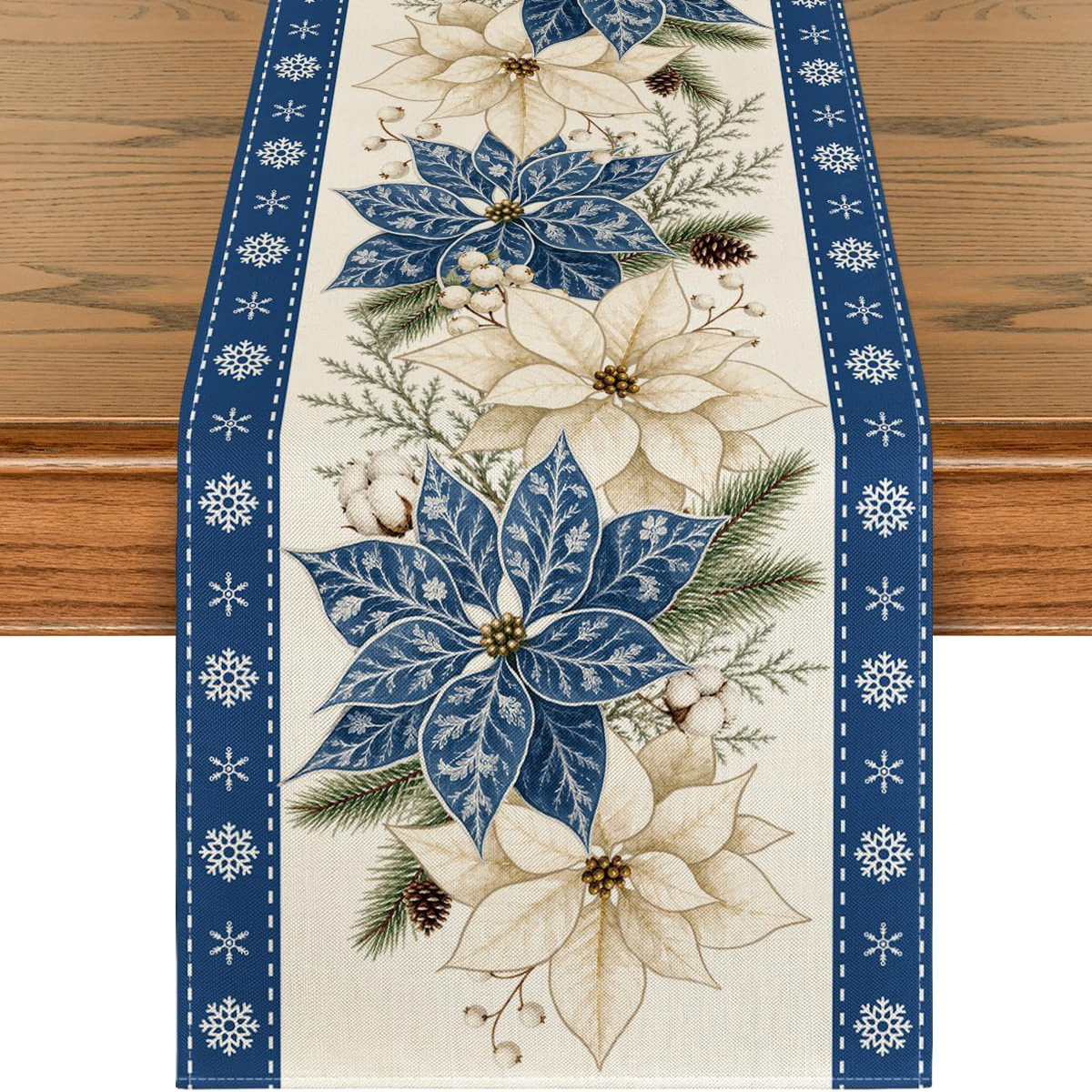 TEMU 1pc, Christmas Table Runner Decorations, Blue Poinsettia Floral Winter Decor | Blue White Table Runner For Christmas Dinners, Holiday Parties,