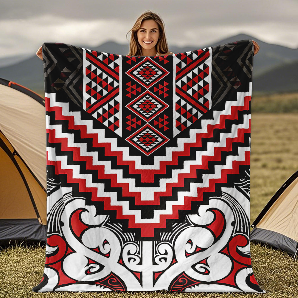 TEMU 1pc, Tribal Geometric Totem Print Flannel Blanket, Featuring Traditional Maori Ethnic From New Zealand, Single-sided Print, Suitable For Sofas,