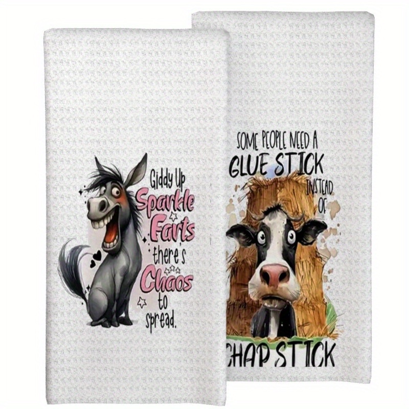 

2pcs Super Soft & Absorbent Kitchen Towels - 18x26" Donkey & Cow Design, Spring Valentine's Day Gift, Polyester, Machine Washable, Tea Towels, Novelty Gift For Women And Men