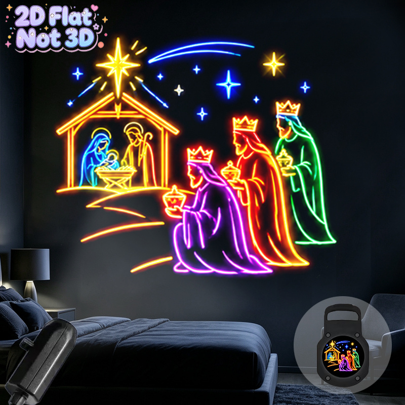 TEMU 1pc Lámpara de proyector portátil 2D plana con brillante escena de tipo neón, proyección estrellada de para decoración festiva de Navidad, en el