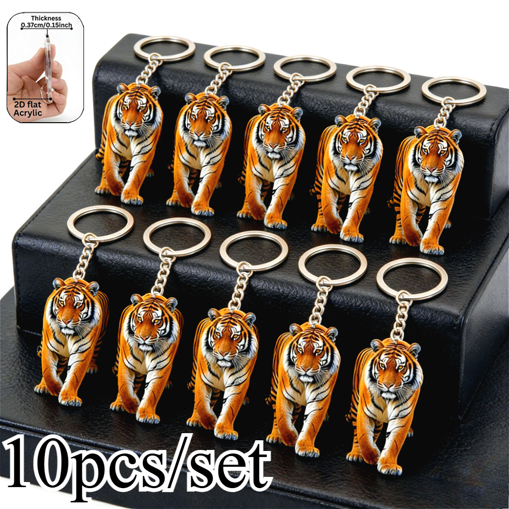 TEMU 2d Flat - 2dflat 10-pack Tiger Keychain Set, Tiger-shaped Backpack Pendant, Fashionable Bag Charm, Car Decoration, Car Key Chain, Unisex, Couple