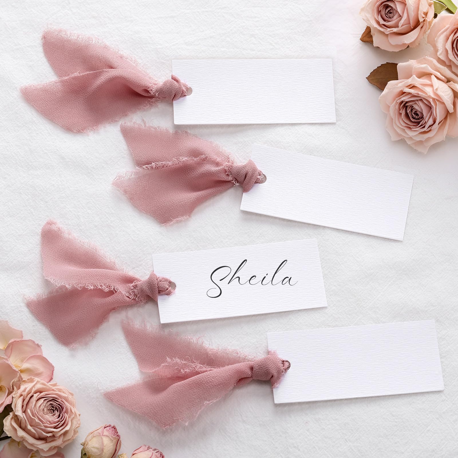 TEMU 25pcs Name Cards For Table Setting Blank Wedding Cards With Chiffon Ribbon 1.57 X 3.54 Inch Hanging Gift Tags For Wedding Dinner Banquet Party