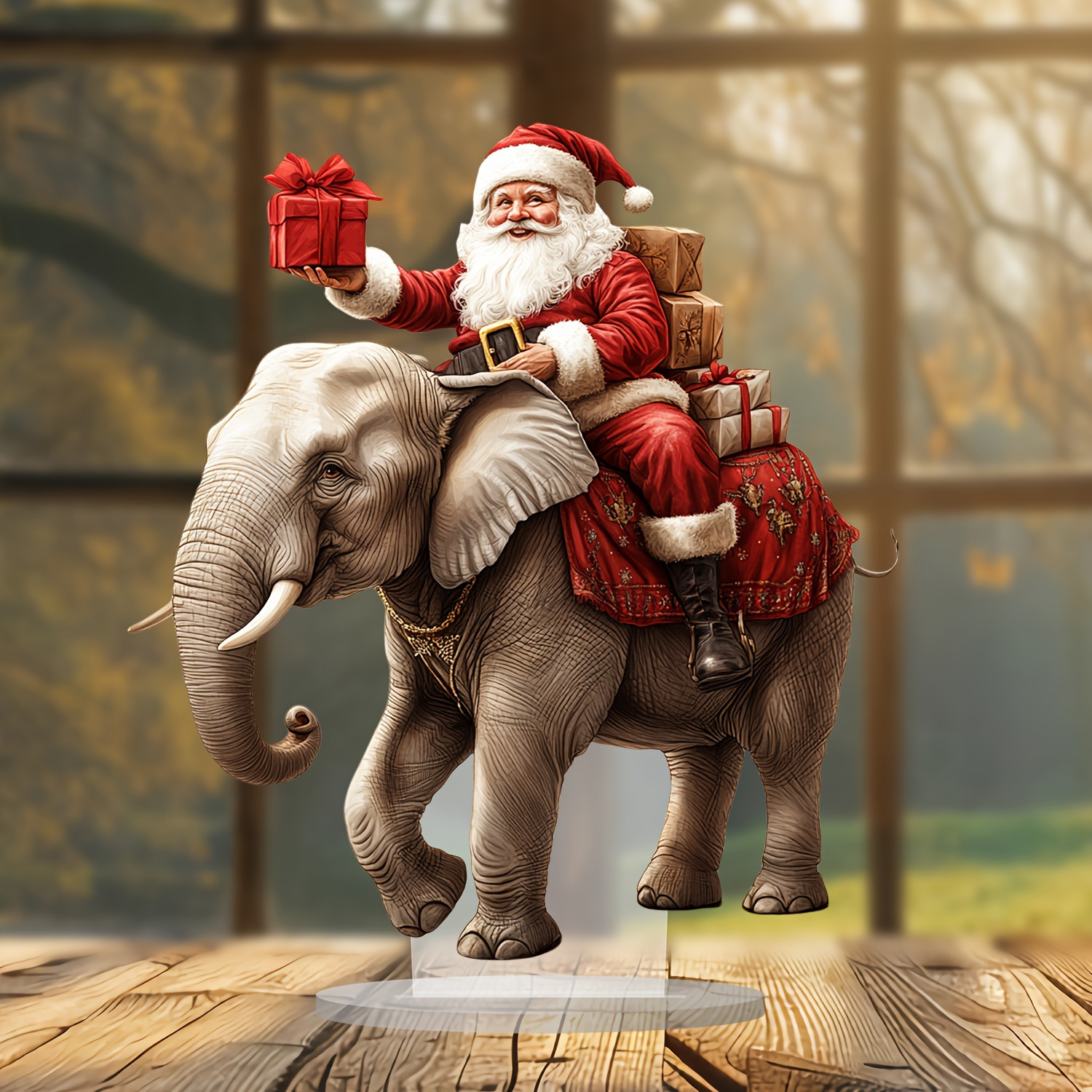 

2d Flat Santa Claus On Elephant Acrylic Tabletop Decor, Style Christmas Ornament, Multipurpose English Themed Decorative Sign & Plaque, 9.8"x8.6" With Tabletop Mounting For Home, Office & Cafe