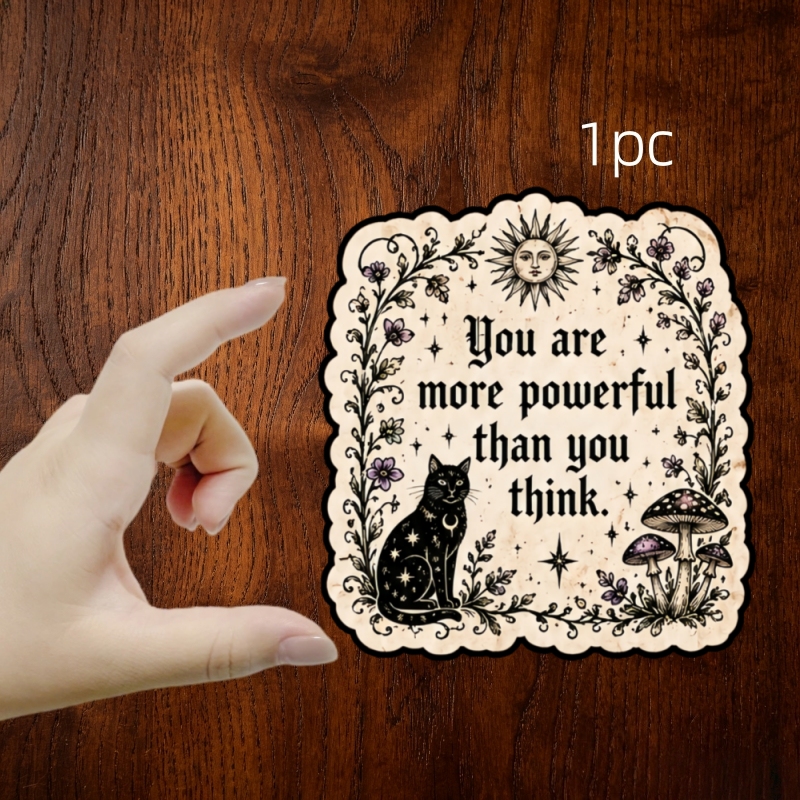 TEMU 1pc 3-inch "you Are More Powerful Than You For ." Vinyl Sticker, Vintage Parchment With Sun, Black Cat, Mushrooms & Flowers, For Mugs, Helmets,