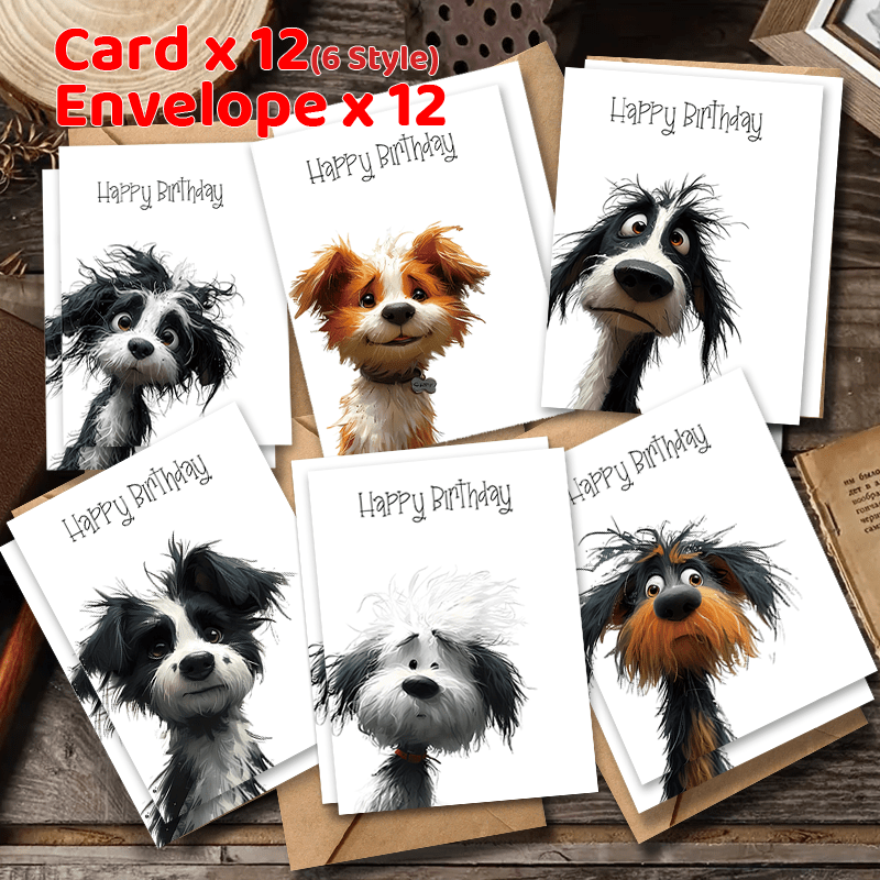 12/24 Assorted Dog Birthday Cards With Envelopes - Unique Canine Designs For , , Greetings, And Special Occasions