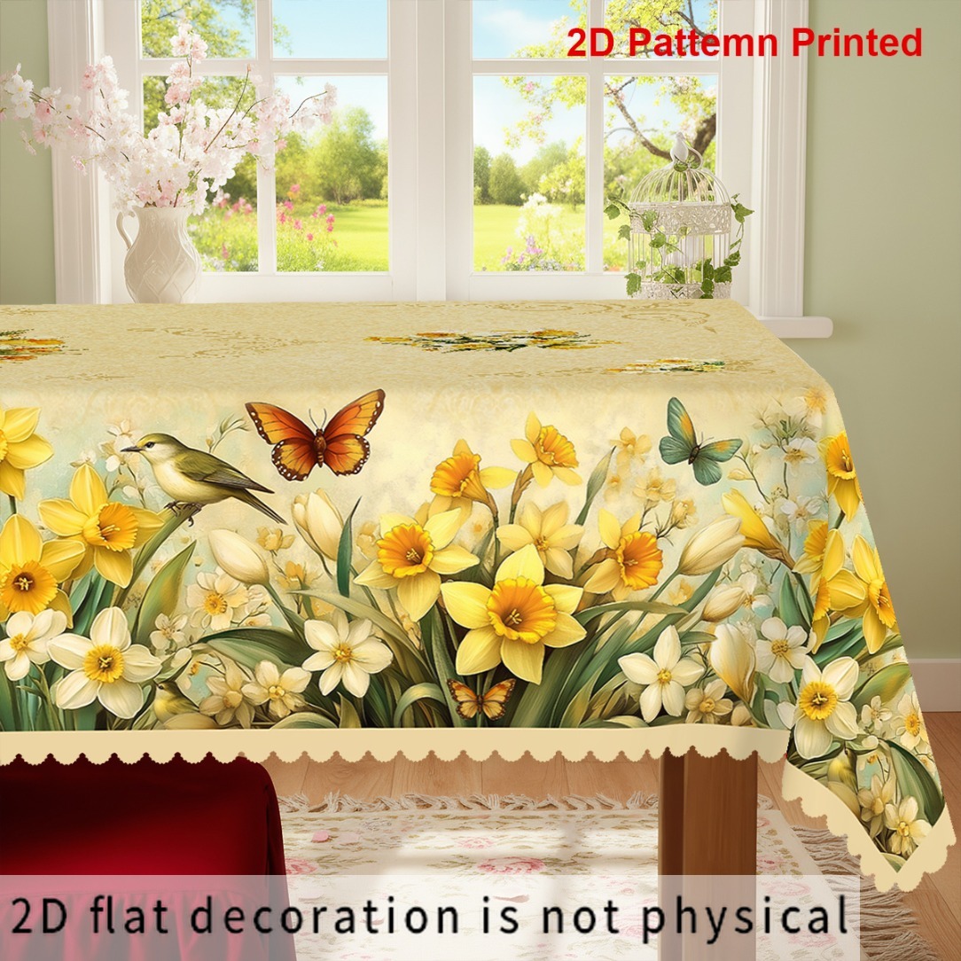 TEMU 2d Flat Tablecloth, 1pc, Spring/summer Themed Party Tablecloth, Vintage Daffodil Floral Print Design, Embossed Edge, Suitable For Picnics,