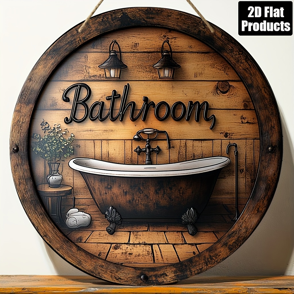 TEMU 2d Flat Design, 1pc Vintage Round Wooden Wall Decor - Rustic Style "bathroom" Door Sign With Bathtub And Lantern Cutout, Artificial Wood Door