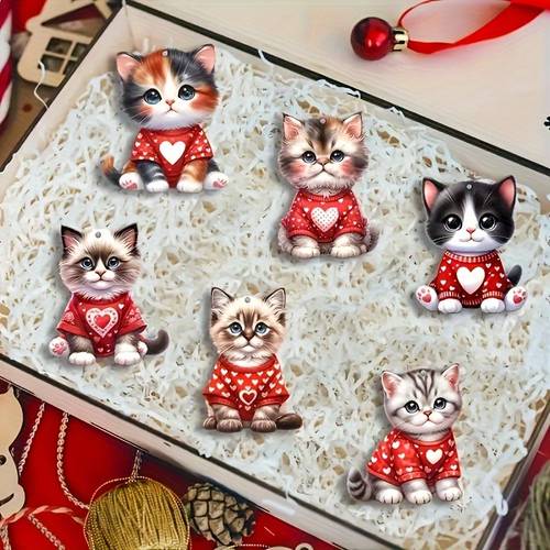 12pcs cute kitten wooden ornament set with heart pattern ideal for christmas new year valentines day decorations tree and house decoration decoration