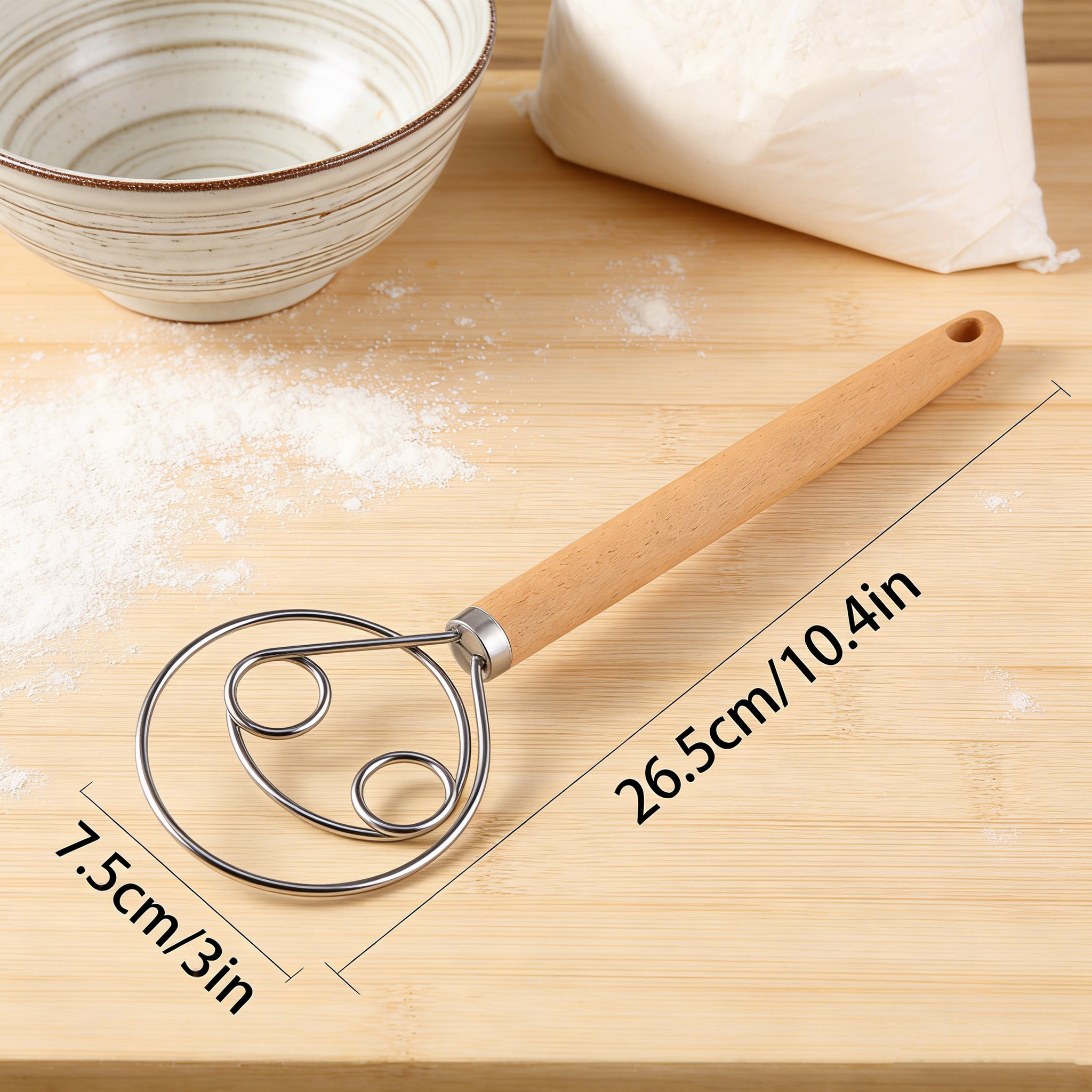 TEMU Mamshib Stainless Steel Danish Dough Whisk| Manual Pastry Whisk With Non-slip Handle And Ring End, Bread, Pizza, And Danish Dough- Baking,