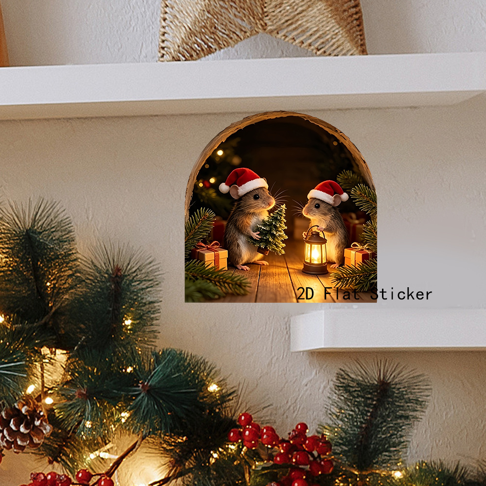 TEMU 1pc Simulated Tree Hollow Arch Christmas Mouse Creative Visual Decorative Wall Sticker, Surrounded By Gift Boxes And Pine Branches, A Warm And