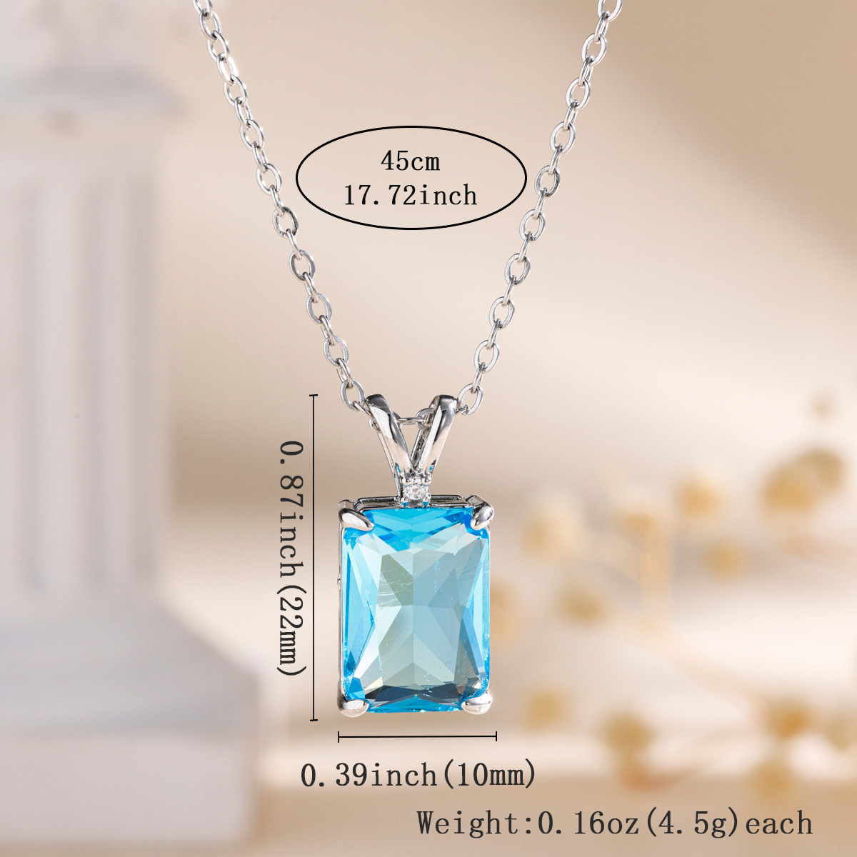 Exquisite Square Zirconia Necklace Accessory, Blue Pendant