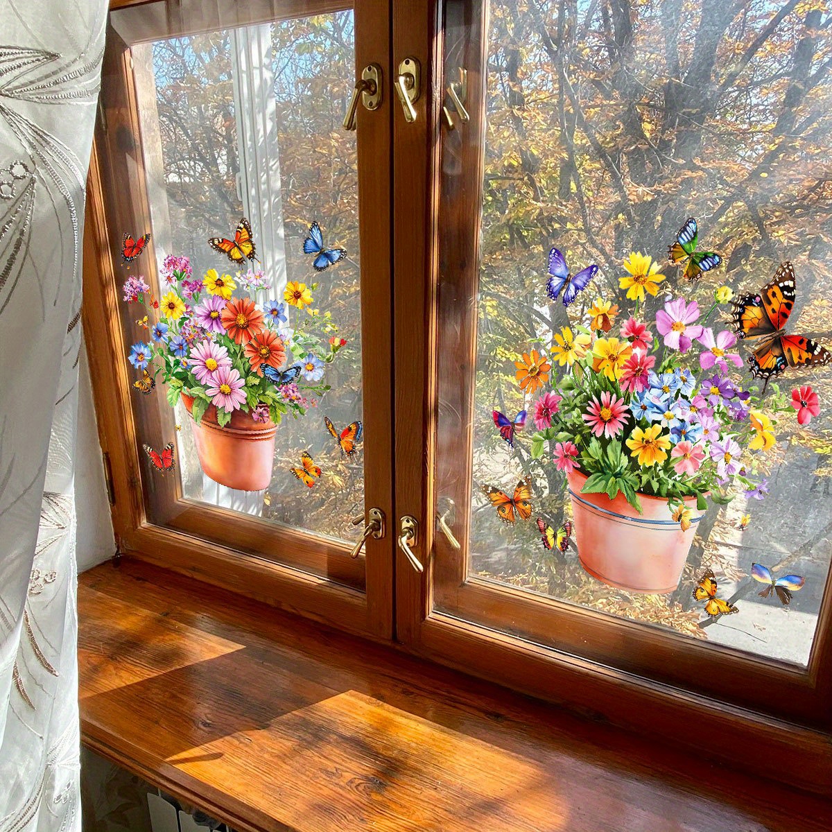 E-shop Lebendige Blumen- und Schmetterlings-Fensterfolien - Bunte Glasfenstereffekt-Aufkleber mit Schmetterlingen, Blumen und Grün für Heimdekoration,