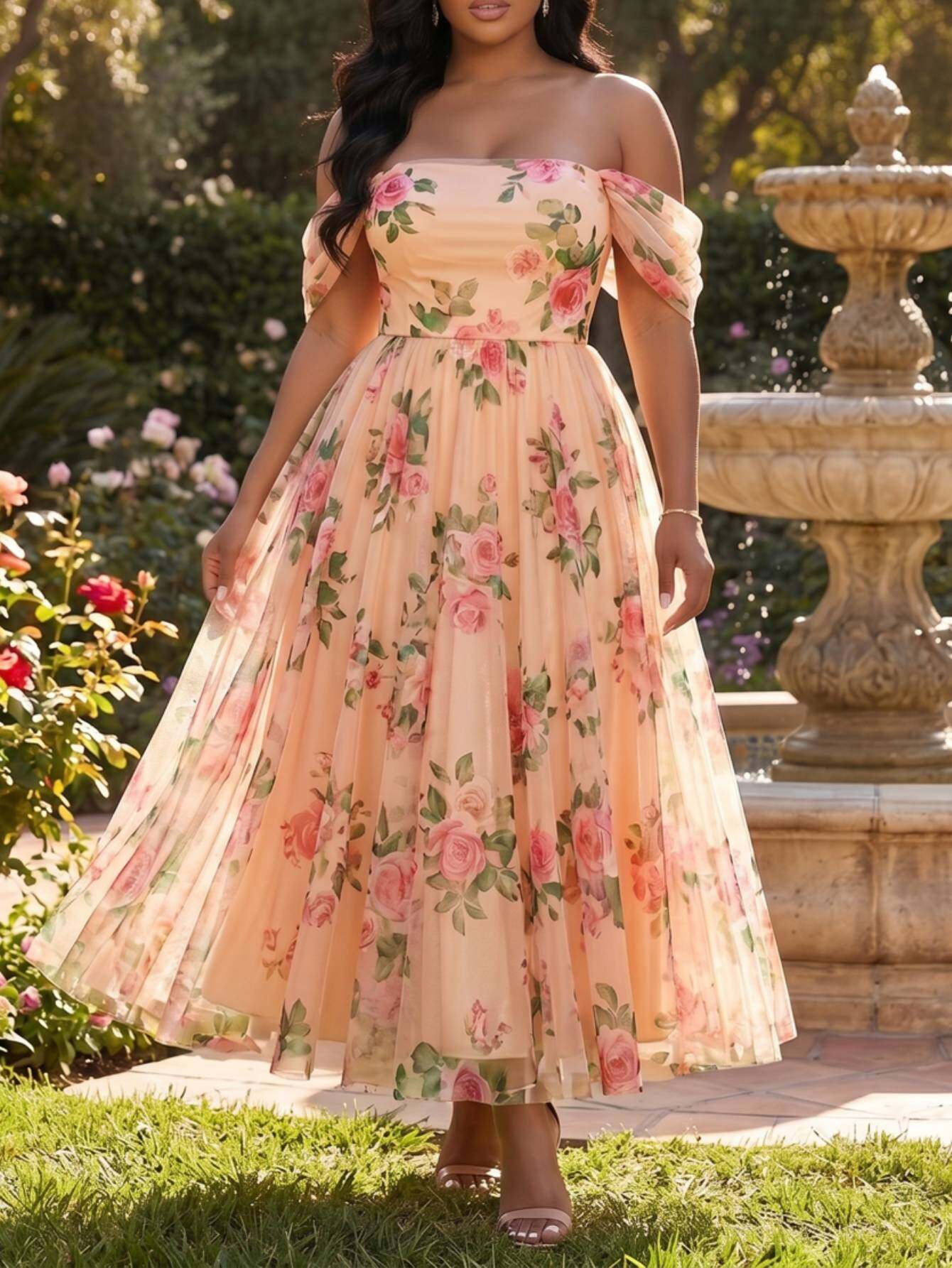 brown embroidered rose dress temu Floral Print Chiffon Maxi Dress