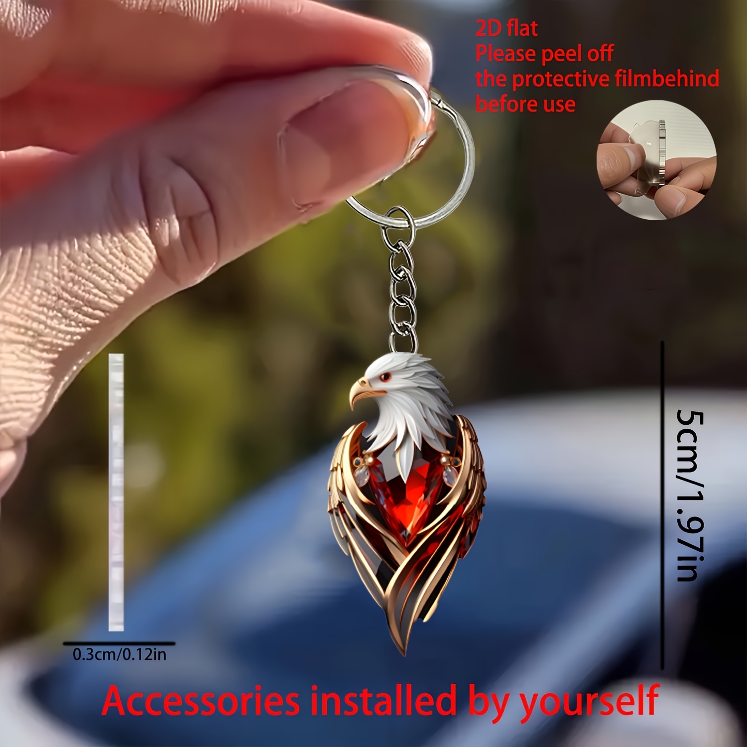 TEMU A Stylish 2d Flat Eagle Keychain Designed For Car Mirrors, Featuring Vibrant Gemstones And Feathers. This Unique Gift For Men Is Perfect For