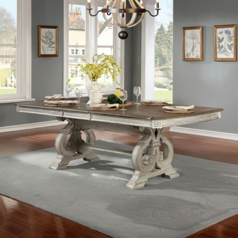 antique white dining room 9pcs set table w leaf and 6x side chairs 2x arm chairs ivory fabric upholstered seat Product details 5
