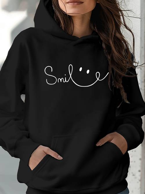 womens casual smile face graphic e cozy long sleeve street style pullover with kangaroo stretch fabric gray fall winter casual wear oversized