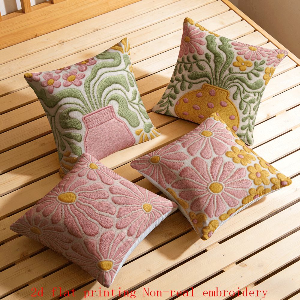 TEMU 4pcs Theme Pillow Covers Colorful Flower Embroidery Pattern Suitable For Home Sofa Decoration, Home Accessories, 2d Flat Printing Non-real