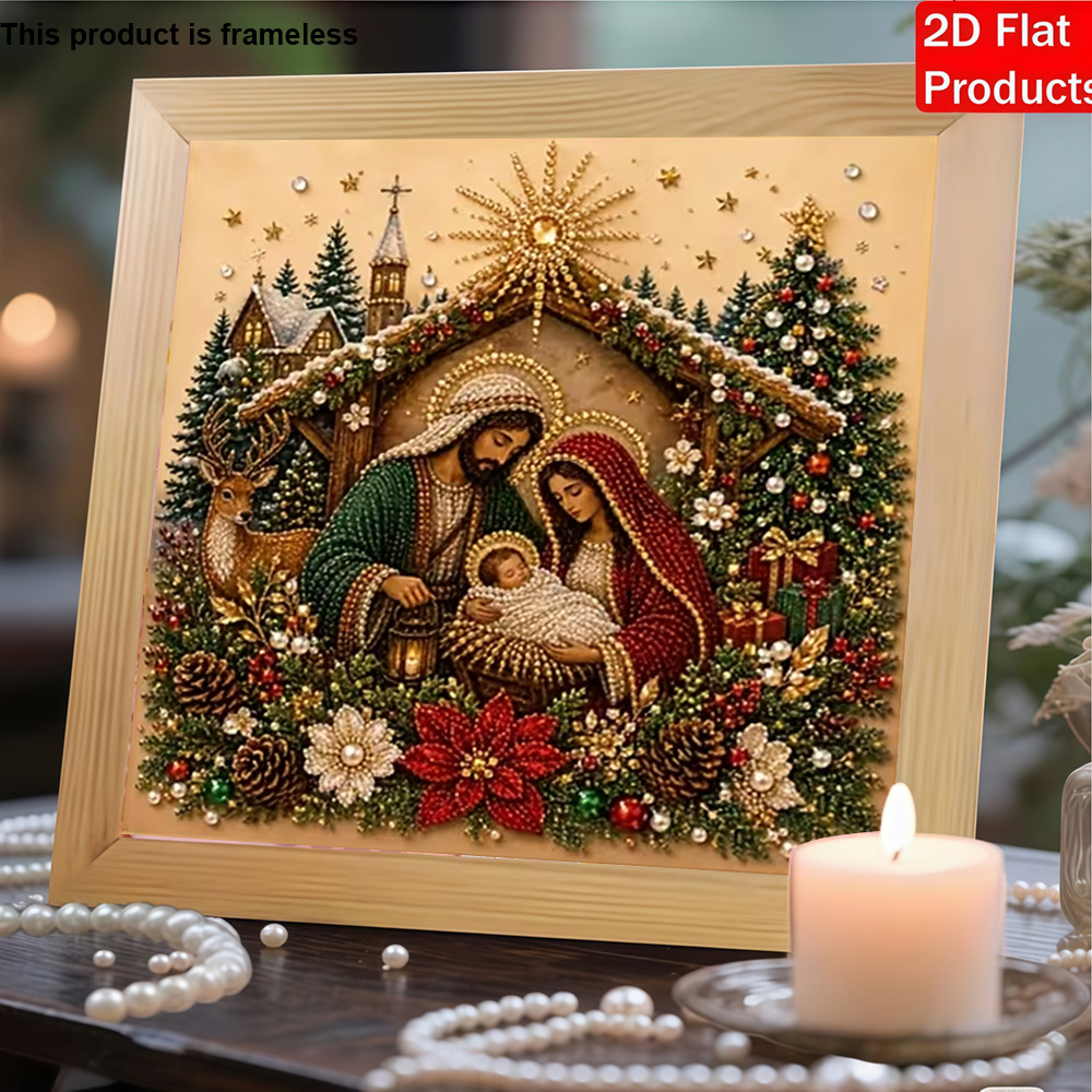 TEMU New Diy Frameless Pearl Painting, [handmade Rhinestone Art Kit Featuring A Holy Family Nativity Scene Design, Includes Pearls And Tools For