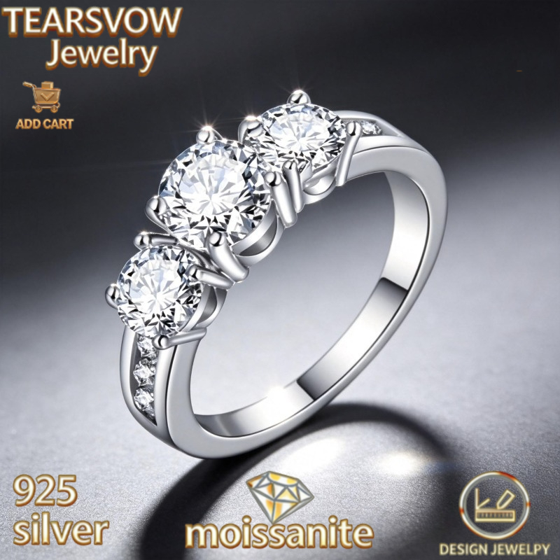 TEMU Bague en argent sterling S925 incrustée de moissanite, trois pierres , bijou de tous pour femme, cadeaux de fête des mères, , pierres de d',