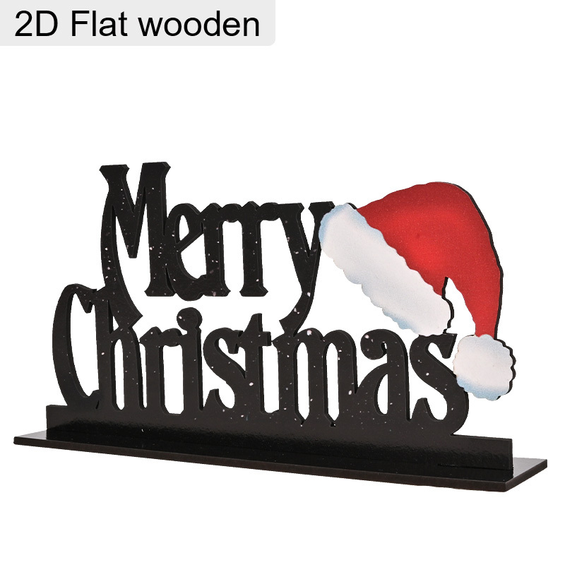 2d Flat, 1pc Merry Christmas Letter Wooden Tabletop Sign, Christmas Hat Design, Wooden Tabletop Ornament For Home Office Parties, Seasonal Display, Christmas Gift, 2d Flat
