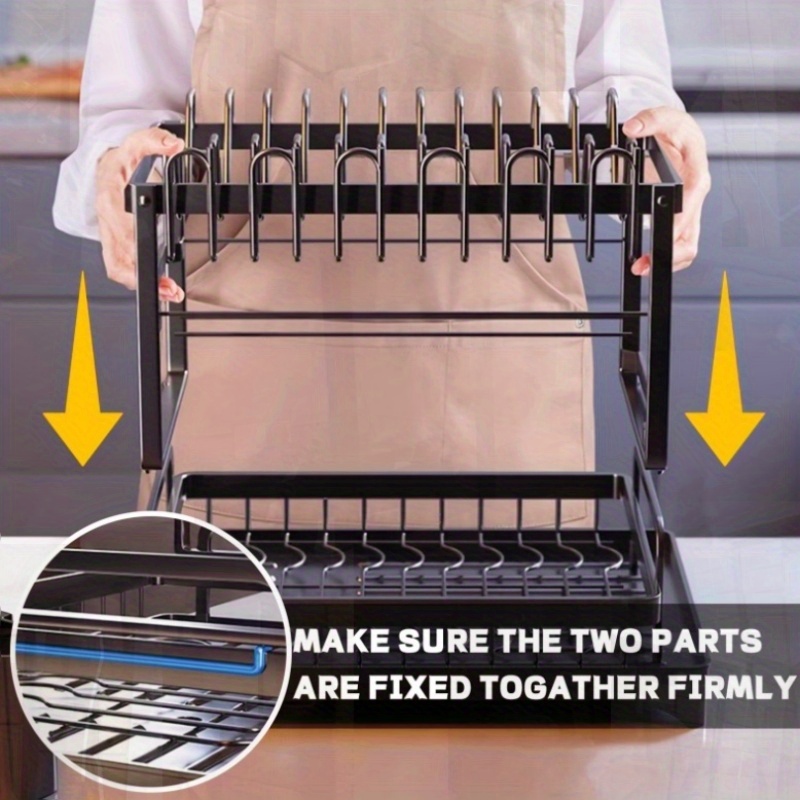 space saving foldable dish drying rack adjustable 2 tier kitchen organizer with hooks cup holder drain tray compact countertop or cabinet storage heavy duty   construction dishwasher safe black white options duallayer organizer sleek kitchenware durable metal frame small kitchens details 0