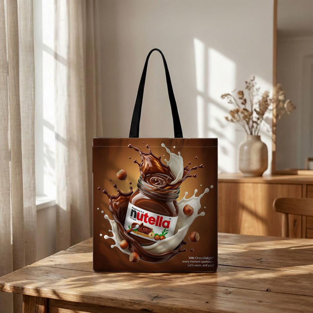 TEMU [reusable Grocery Bags] 2d Flat, Nutella Rich Splash Multifunctional Reusable Canvas Bag Shopping Bag, Suitable For Supermarkets, Schools And