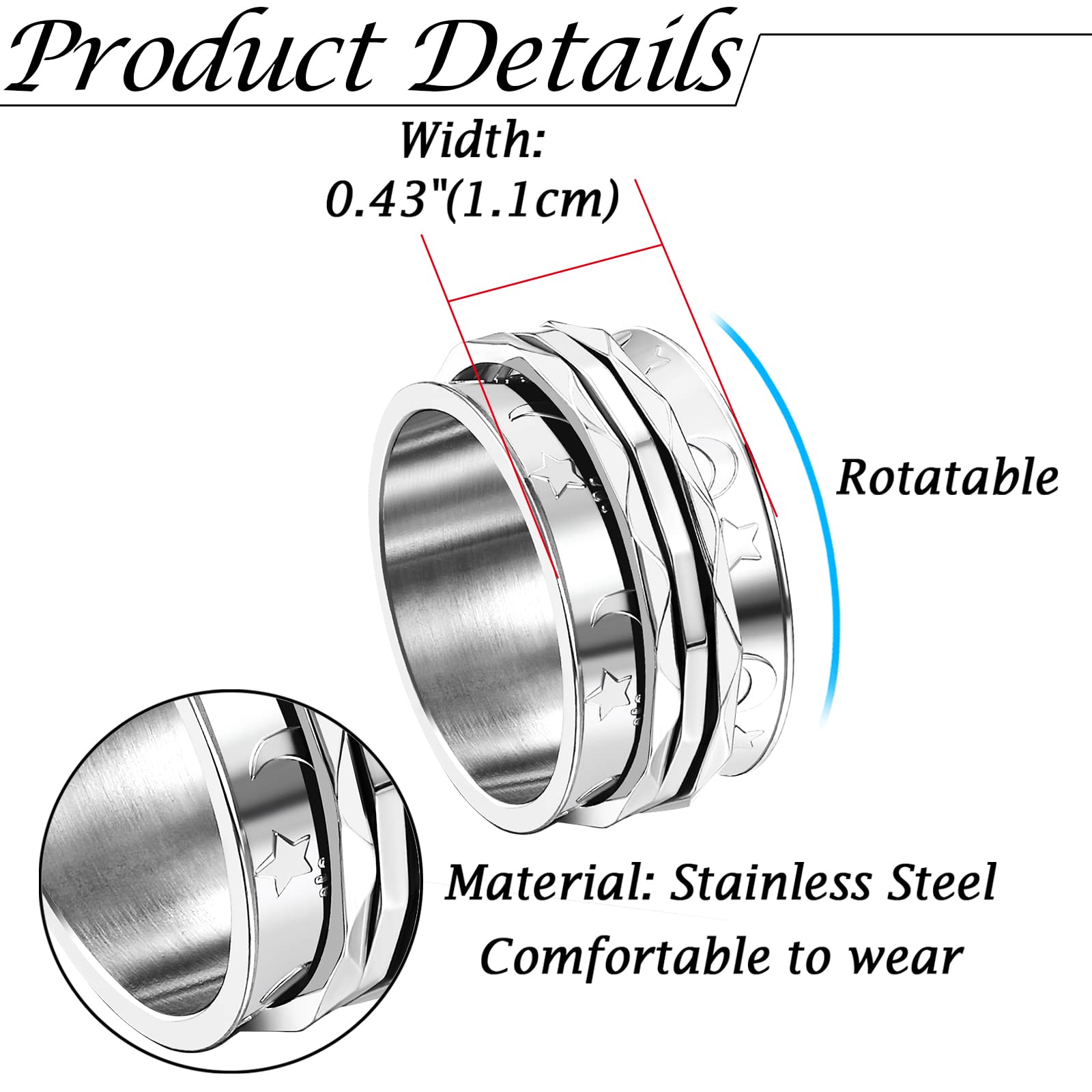   retro fidget spinner ring womens moon and star pattern rotatable stainless steel ring bands Product details 0